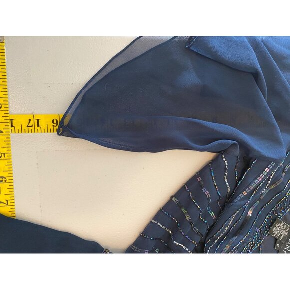 Jkara Formal Maxi Dress Navy Chiffon Sequin Design Ruffles Short Sleeve Size 8 - Picture 9 of 9